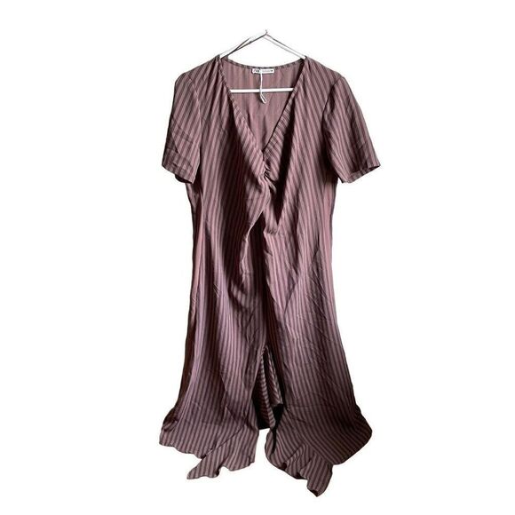 Zara Dress Womens L Midi Short Sleeve Ruffled Mermaid Hem Ruched V-Neck - Picture 1 of 6
